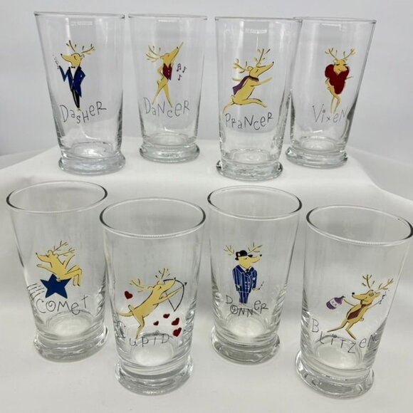 Vintage Pottery Barn Santa's Reindeer 10 Oz. Drinking Glasses Tumblers Set of 8! - Picture 1 of 10